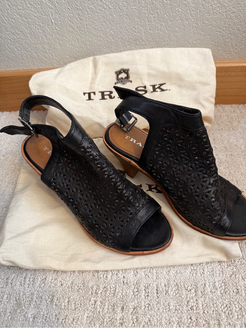 Trask Black Laser-Cut Open-Toe Slingback Heels